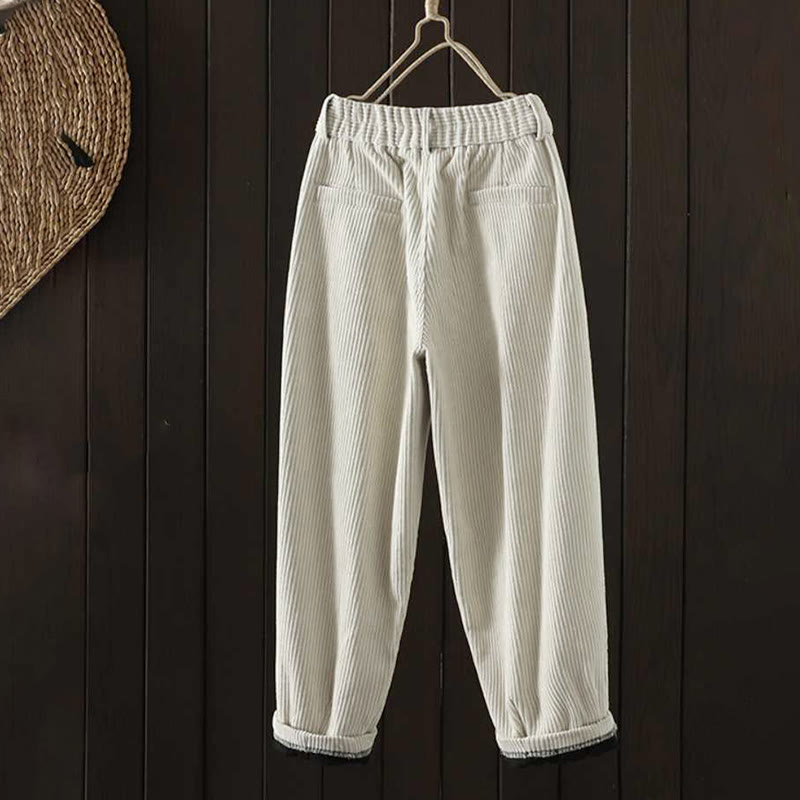 Buddha Stones zimowe spodnie haremowe z gładkiego sztruksu bawełnianego z wysokim stanem i podszewką z polaru z kieszeniami - image 1