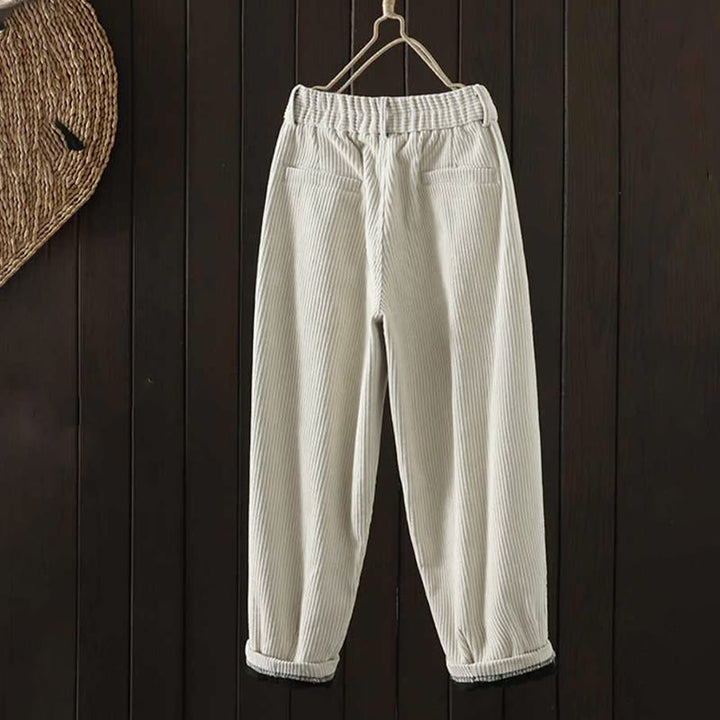 Buddha Stones zimowe spodnie haremowe z gładkiego sztruksu bawełnianego z wysokim stanem i podszewką z polaru z kieszeniami - image 1