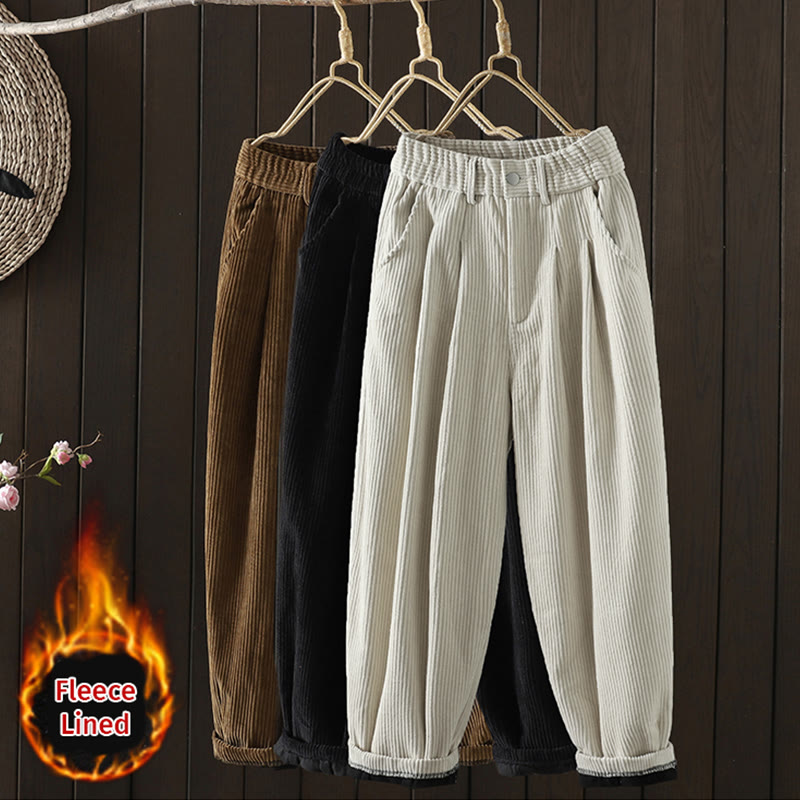 Buddha Stones zimowe spodnie haremowe z gładkiego sztruksu bawełnianego z wysokim stanem i podszewką z polaru z kieszeniami - image 23