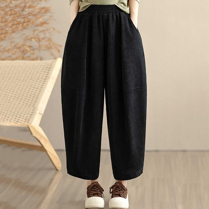 Damskie spodnie haremowe z jesiennego materiału Buddha Stones z gładkim sztruksem i kieszeniami - Czarny - US8-10，UK/AU12-14，EU40-42 (2XL) - image 17