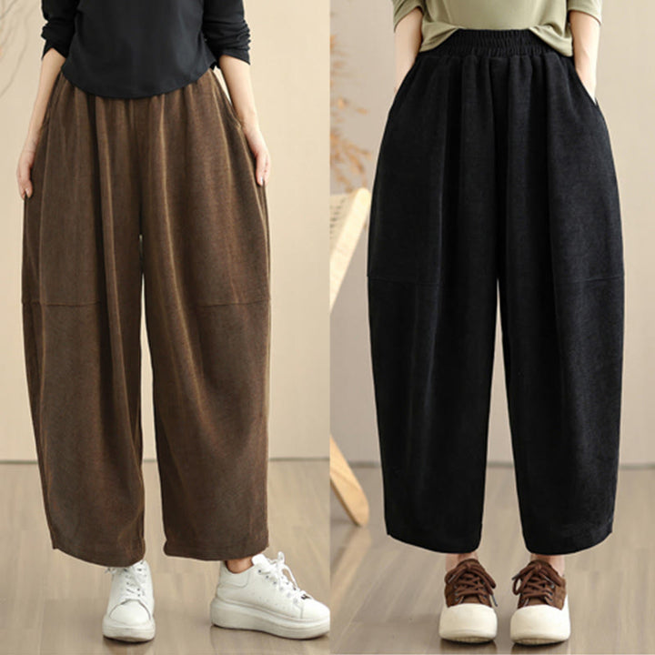 Damskie spodnie haremowe z jesiennego materiału Buddha Stones z gładkim sztruksem i kieszeniami - image 26