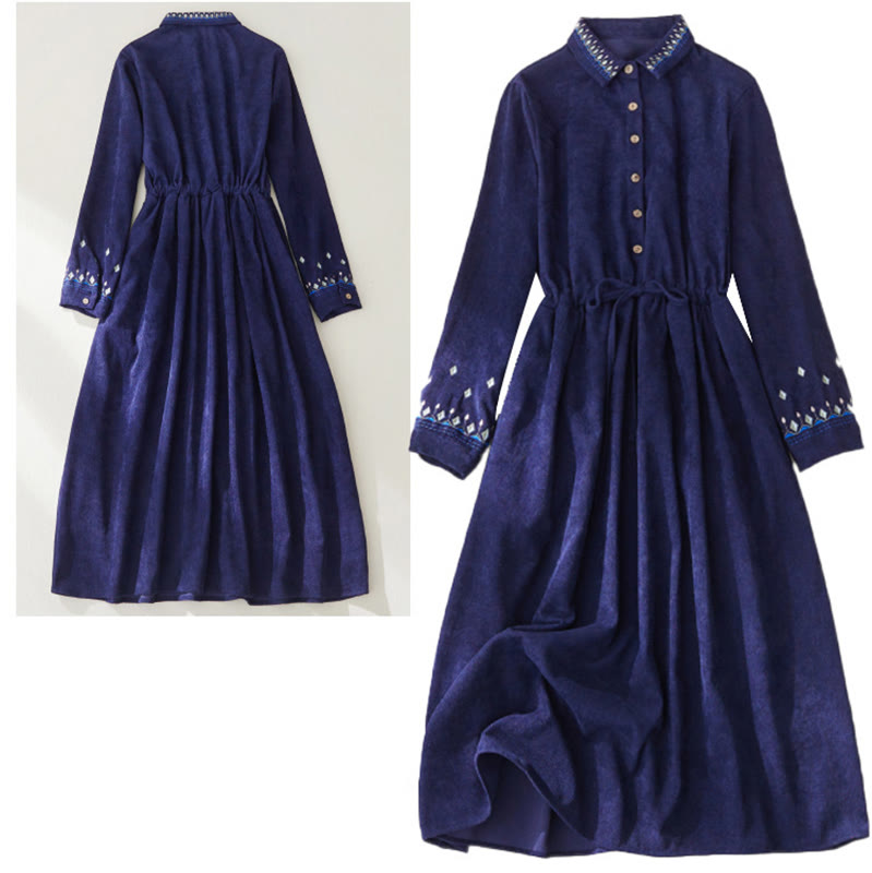 Sukienka midi z długim rękawem i kieszeniami, haftowana, z kwiatowym wzorem i sznurowaniem, z Buddha Stones - image 14