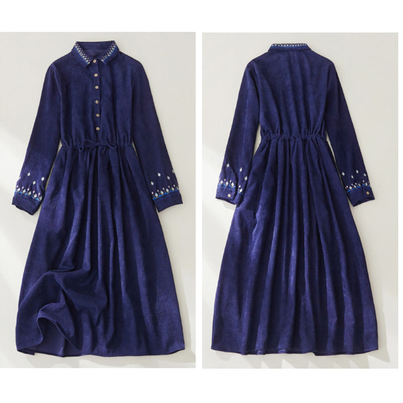 Sukienka midi z długim rękawem i kieszeniami, haftowana, z kwiatowym wzorem i sznurowaniem, z Buddha Stones - image 13