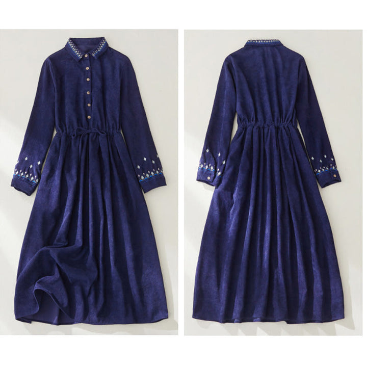 Sukienka midi z długim rękawem i kieszeniami, haftowana, z kwiatowym wzorem i sznurowaniem, z Buddha Stones - image 13