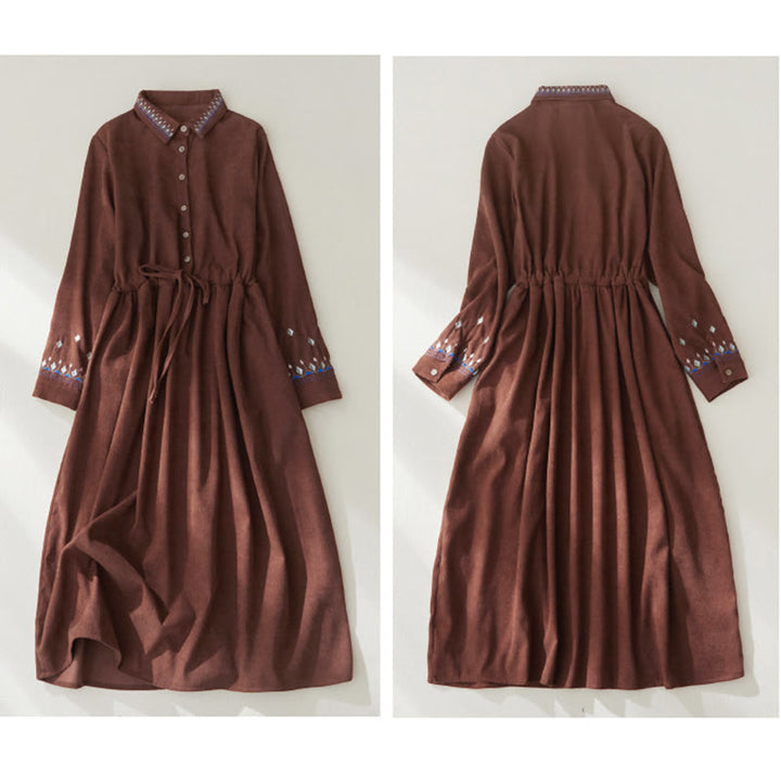 Sukienka midi z długim rękawem i kieszeniami, haftowanymi Buddha Stones i kwiatowym wzorem, sznurowana - image 7