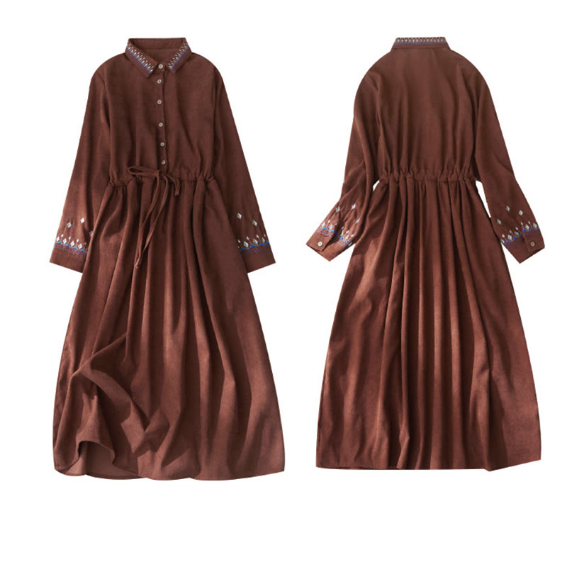 Sukienka midi z długim rękawem i kieszeniami, haftowana, z kwiatowym wzorem i sznurowaniem, z Buddha Stones - image 9