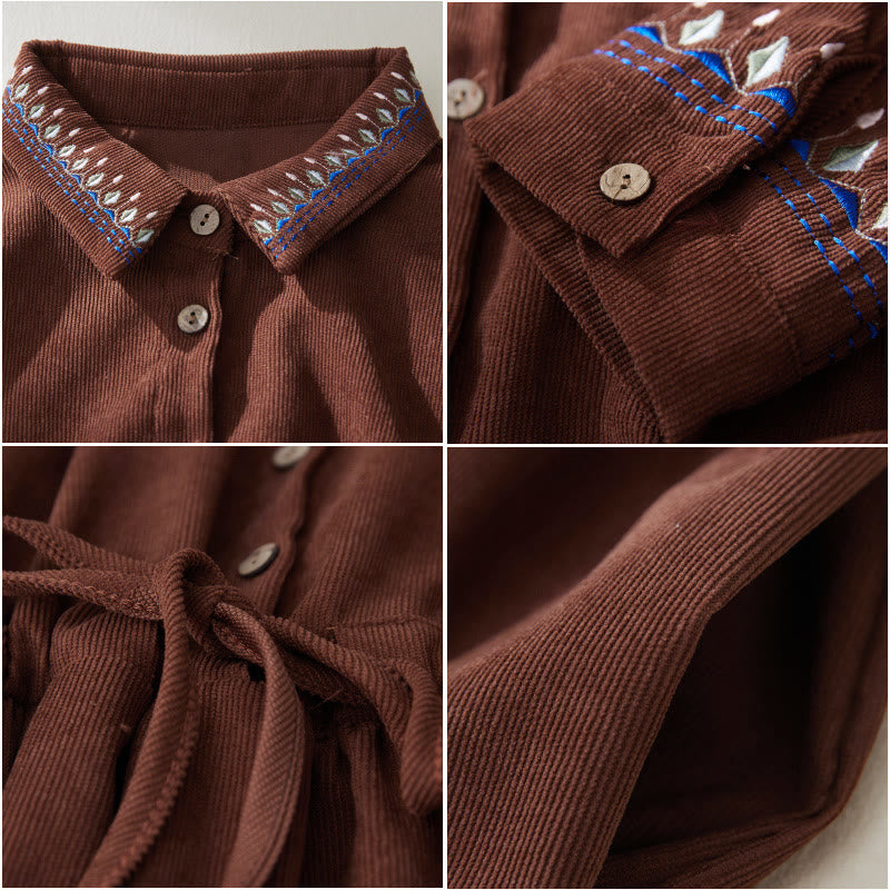 Sukienka midi z długim rękawem i kieszeniami, haftowana, z kwiatowym wzorem i sznurowaniem, z Buddha Stones - image 6