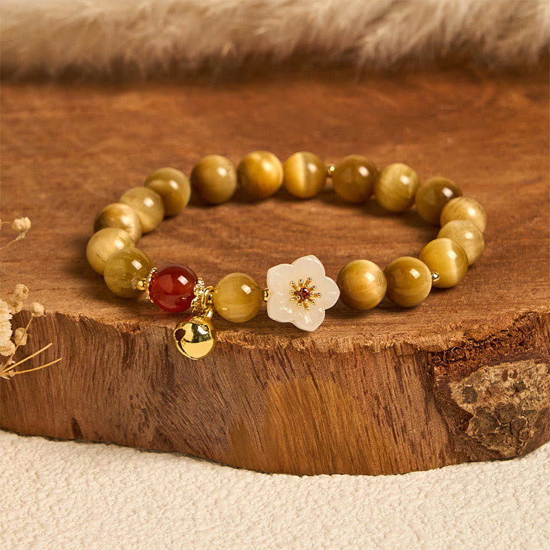 Bransoletka z Buddha Stones, naturalny złoty kwiat dzwonka z tygrysiego oka, dodająca odwagi - Tygrysie oko i biały kwiat (obwód nadgarstka: 14-16 cm) - image 0
