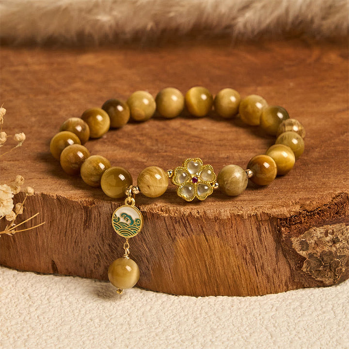 Bransoletka z Buddha Stones, naturalny złoty kwiat dzwonka z tygrysiego oka, dodająca odwagi - Tygrysie oko i zielony kwiat (obwód nadgarstka: 14-16 cm) - image 5