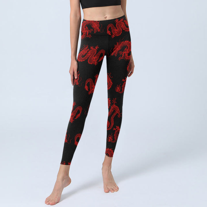 Buddha Stones Damskie legginsy do jogi z wzorem czerwonego smoka - image 5