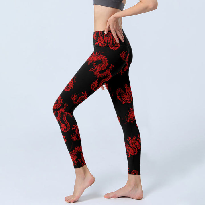 Buddha Stones Damskie legginsy do jogi z wzorem czerwonego smoka - image 2