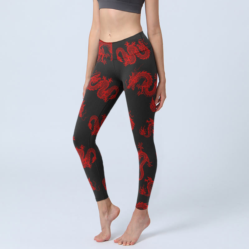 Buddha Stones Damskie legginsy do jogi z wzorem czerwonego smoka - Czarny - US18, UK/AU22, EU50 (4XL) - image 0