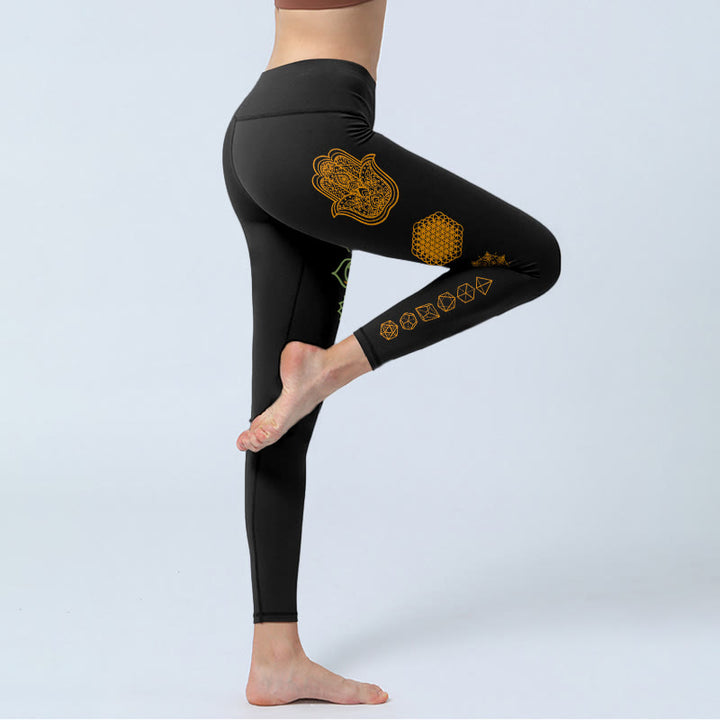 Buddha Stones Legginsy do jogi damskie z platońskim wzorem czakry i kwiatem życia Hamsa - image 3