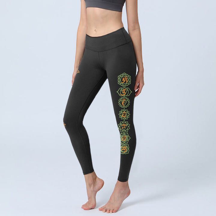 Buddha Stones Legginsy do jogi damskie z platońskim wzorem czakry i kwiatem życia Hamsa - Czarny - US18, UK/AU22, EU50 (4XL) - image 0