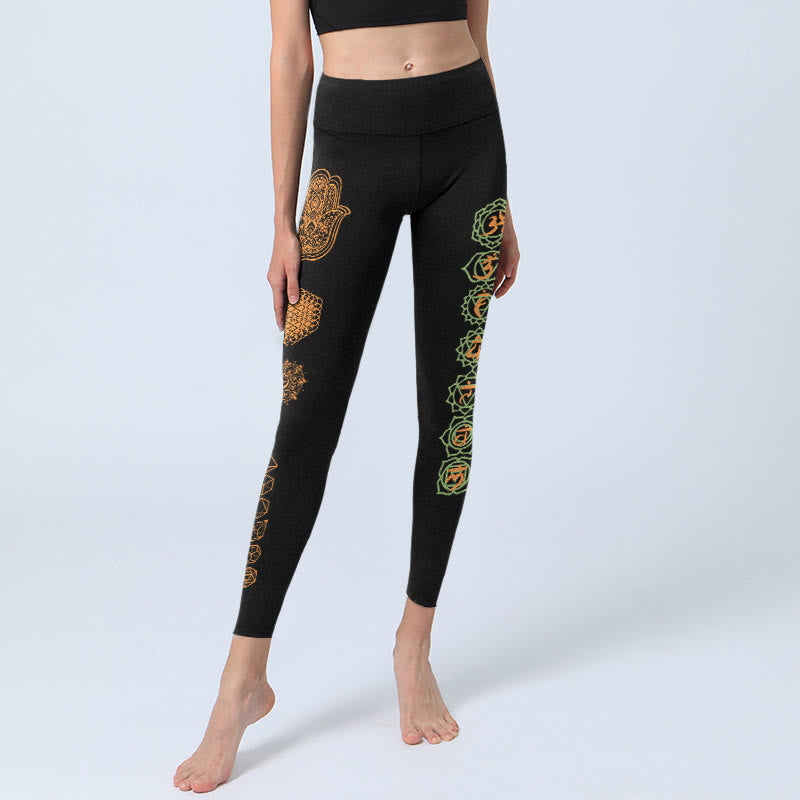 Buddha Stones Legginsy do jogi damskie z platońskim wzorem czakry i kwiatem życia Hamsa - image 5