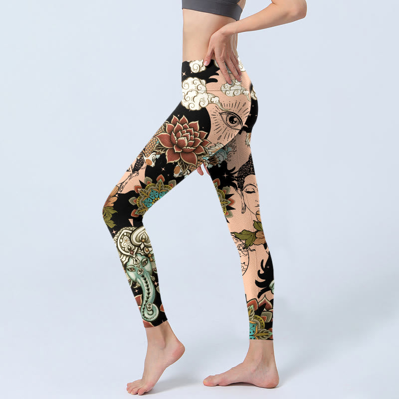 Buddha Stones Legginsy do jogi damskie, legginsy do ćwiczeń, mandala lotosu, Ganesh, złe oko, ryba koi, kształt yin yang - image 2