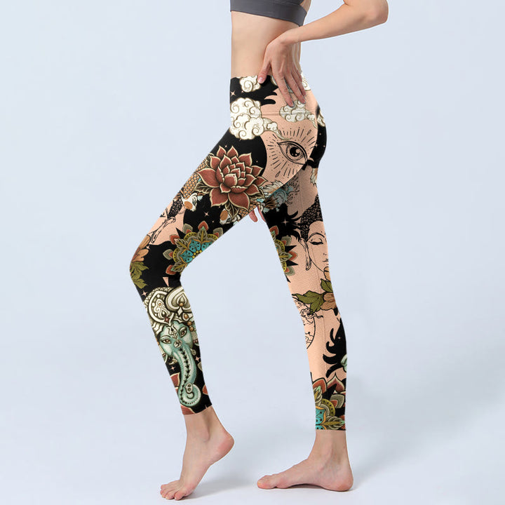 Buddha Stones Legginsy do jogi damskie, legginsy do ćwiczeń, mandala lotosu, Ganesh, złe oko, ryba koi, kształt yin yang - image 2
