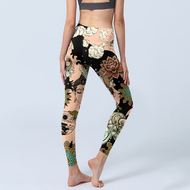 Buddha Stones Legginsy do jogi damskie, legginsy do ćwiczeń, mandala lotosu, Ganesh, złe oko, ryba koi, kształt yin yang - image 4