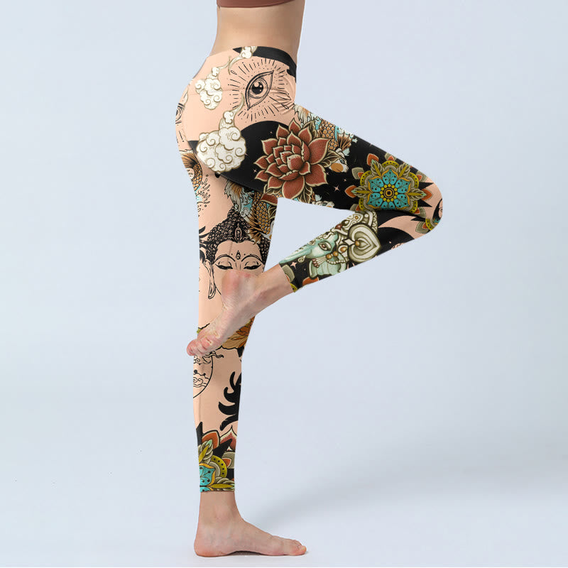 Buddha Stones Legginsy do jogi damskie, legginsy do ćwiczeń, mandala lotosu, Ganesh, złe oko, ryba koi, kształt yin yang - image 3