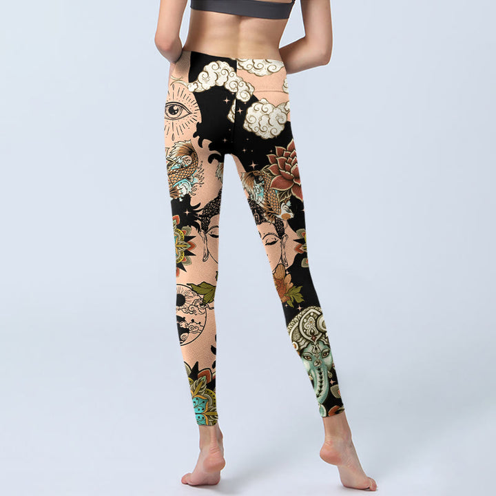 Buddha Stones Legginsy do jogi damskie, legginsy do ćwiczeń, mandala lotosu, Ganesh, złe oko, ryba koi, kształt yin yang - image 6