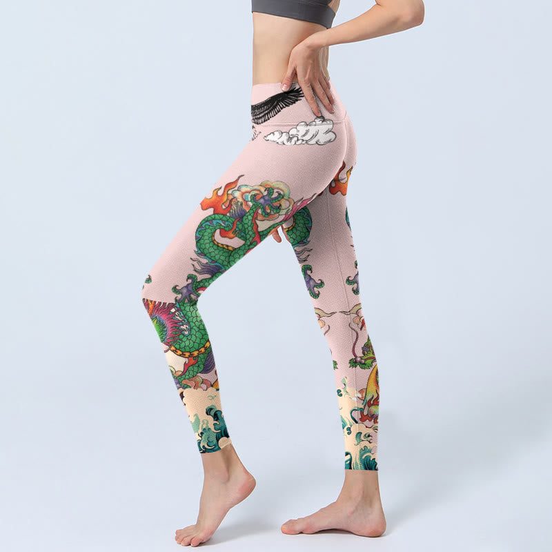 Buddha Stones Legginsy do jogi damskie z motywem fal orła i chmur Dragon Rose - image 2