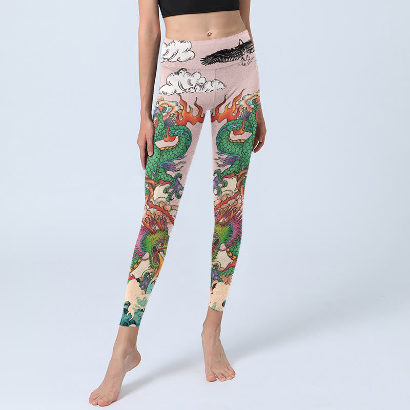Buddha Stones Legginsy do jogi damskie z motywem fal orła i chmur Dragon Rose - image 5