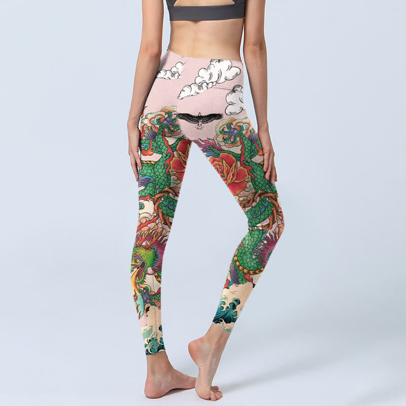 Buddha Stones Legginsy do jogi damskie z motywem fal orła i chmur Dragon Rose - image 4