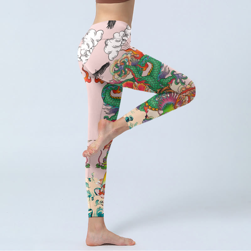 Buddha Stones Legginsy do jogi damskie z motywem fal orła i chmur Dragon Rose - image 3