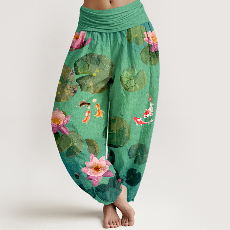 Damskie spodnie haremowe z elastyczną talią i nadrukiem z motywem Buddha Stones i kwiatów lotosu - Wiosenna Zieleń - US16, UK/AU20, EU48 (3XL) - image 5