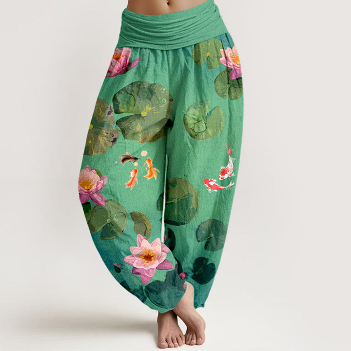 Damskie spodnie haremowe z elastyczną talią i nadrukiem z motywem Buddha Stones i kwiatów lotosu - Wiosenna Zieleń - US16, UK/AU20, EU48 (3XL) - image 5