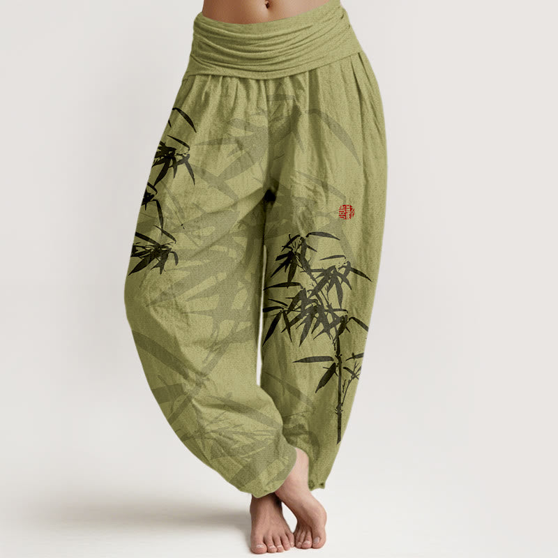 Damskie spodnie haremowe z elastyczną talią, z nadrukiem Buddha Stones i motywem liści bambusa - Żółtozielony - US16, UK/AU20, EU48 (3XL) - image 0