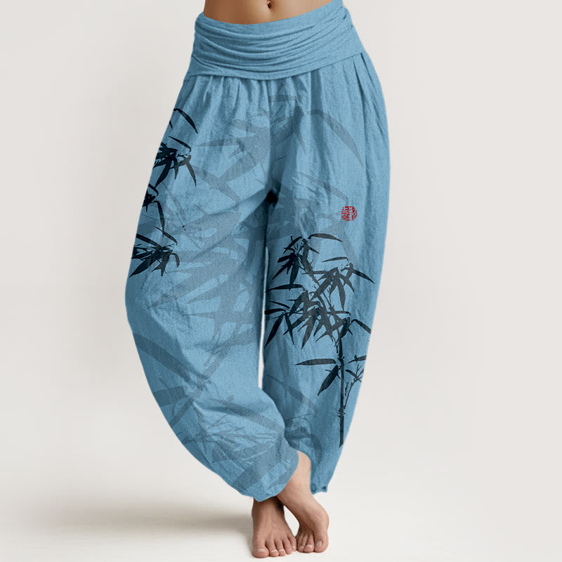 Damskie spodnie haremowe z elastyczną talią, z nadrukiem Buddha Stones i motywem liści bambusa - SkyBlue - US16, UK/AU20, EU48 (3XL) - image 5