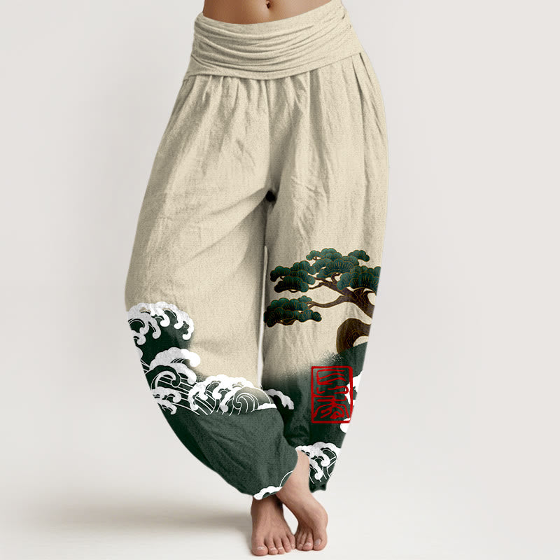 Damskie spodnie haremowe z elastyczną talią, z nadrukiem Buddha Stones , z czystej bawełny i wzorem fal sosnowych - Beżowy - US16, UK/AU20, EU48 (3XL) - image 8