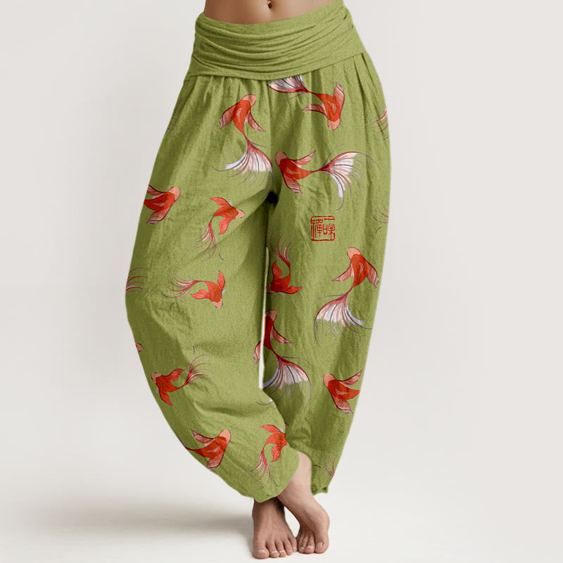 Damskie spodnie haremowe z elastyczną talią i nadrukiem z Buddha Stones z czystej bawełny i wzorem ryby Koi - Żółtozielony - US16, UK/AU20, EU48 (3XL) - image 5