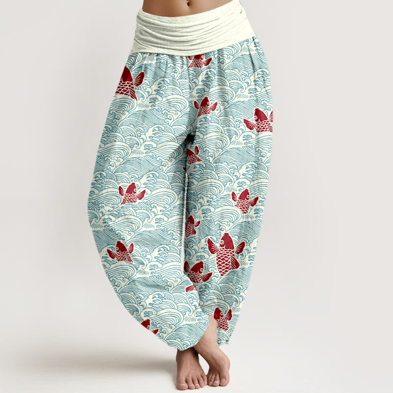 Damskie spodnie haremowe z elastyczną talią i nadrukiem w Buddha Stones, ryby koi i fale, z czystej bawełny - Jasnoniebieski - US16, UK/AU20, EU48 (3XL) - image 0