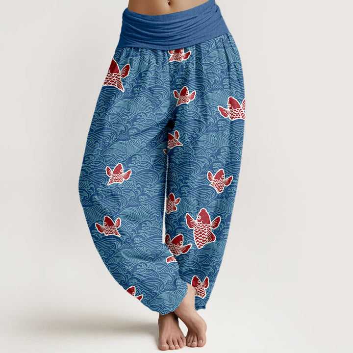 Damskie spodnie haremowe z elastyczną talią i nadrukiem w Buddha Stones, ryby koi i fale, z czystej bawełny - RoyalBlue - US16, UK/AU20, EU48 (3XL) - image 5