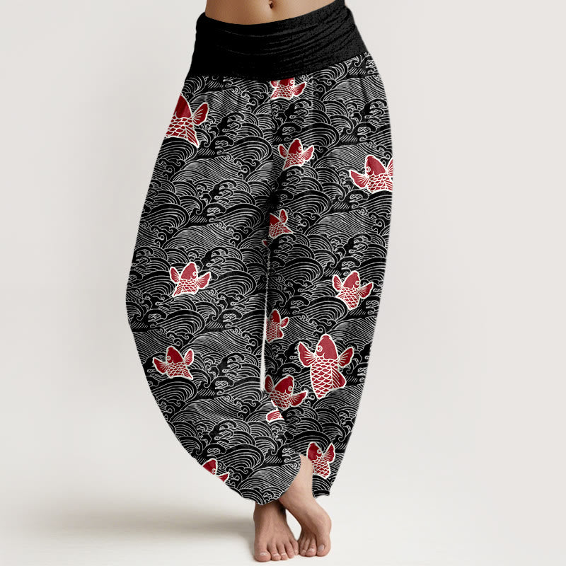 Damskie spodnie haremowe z elastyczną talią i nadrukiem w Buddha Stones, ryby koi i fale, z czystej bawełny - Czarny - US16, UK/AU20, EU48 (3XL) - image 8