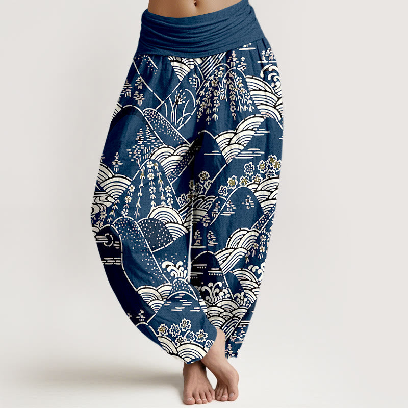 Damskie spodnie haremowe z elastyczną talią i czystą bawełną, z nadrukiem Buddha Stones, falami gór i kwiatowym wzorem - MidnightBlue - US16, UK/AU20, EU48 (3XL) - image 0