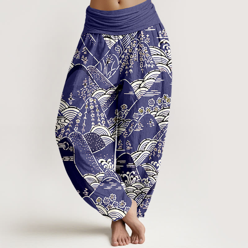 Damskie spodnie haremowe z elastyczną talią i czystą bawełną, z nadrukiem Buddha Stones, falami gór i kwiatowym wzorem - Indygo - US16, UK/AU20, EU48 (3XL) - image 5