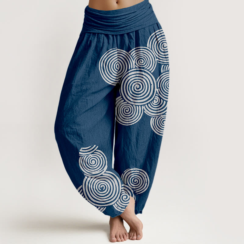 Damskie spodnie haremowe z elastycznej talii z nadrukiem Buddha Stones w spiralny wzór w kolorze białym z czystej bawełny - Stalowoniebieski - US16, UK/AU20, EU48 (3XL) - image 0