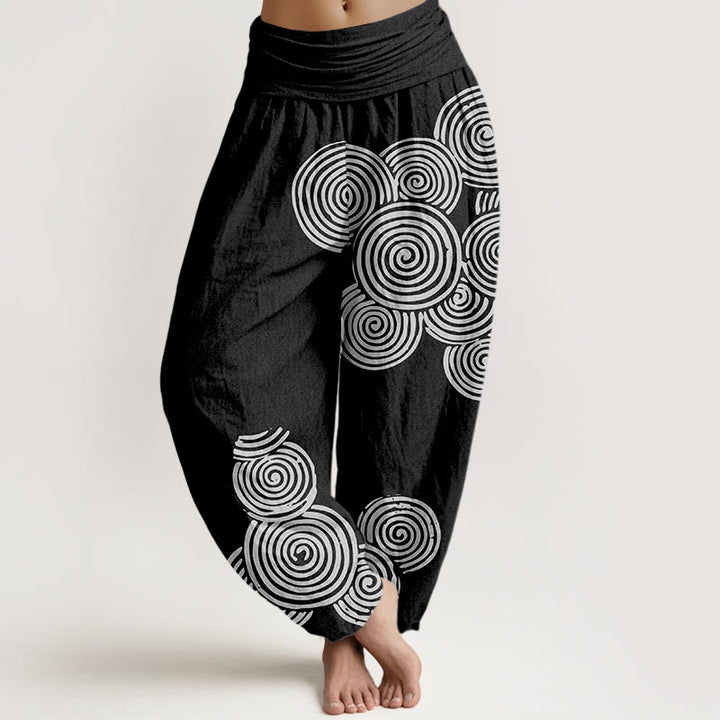 Damskie spodnie haremowe z elastycznej talii z nadrukiem Buddha Stones w spiralny wzór w kolorze białym z czystej bawełny - Czarny - US16, UK/AU20, EU48 (3XL) - image 5