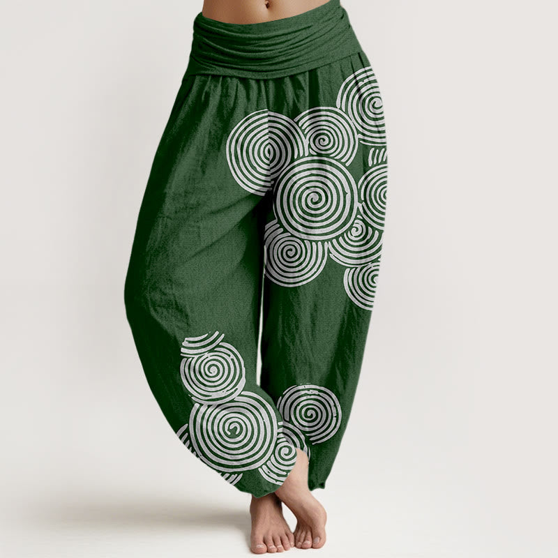 Damskie spodnie haremowe z elastycznej talii z nadrukiem Buddha Stones w spiralny wzór w kolorze białym z czystej bawełny - Ciemnozielony - US16, UK/AU20, EU48 (3XL) - image 8