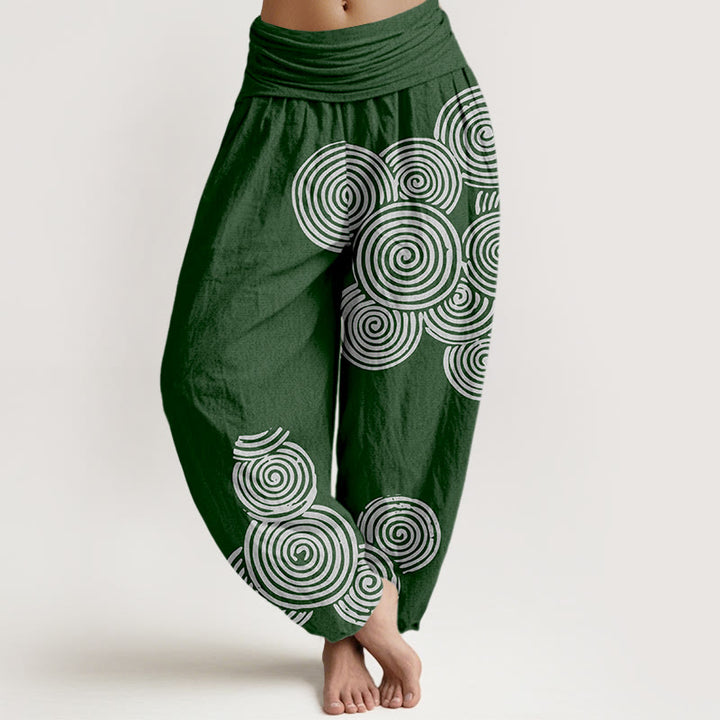 Damskie spodnie haremowe z elastycznej talii z nadrukiem Buddha Stones w spiralny wzór w kolorze białym z czystej bawełny - Ciemnozielony - US16, UK/AU20, EU48 (3XL) - image 8