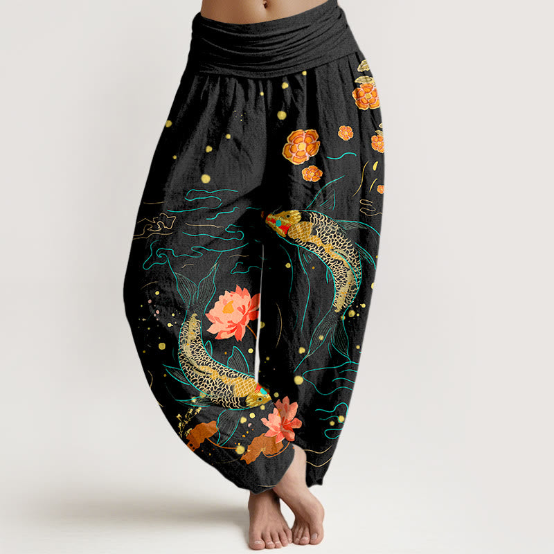 Damskie spodnie haremowe z elastyczną talią i nadrukiem z motywem ryb koi i lotosu w kolorze Buddha Stones z czystej bawełny - Czarny - US16, UK/AU20, EU48 (3XL) - image 0