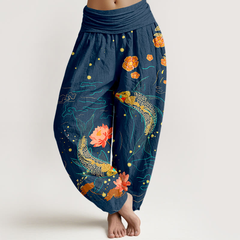 Damskie spodnie haremowe z elastyczną talią i nadrukiem z motywem ryb koi i lotosu w kolorze Buddha Stones z czystej bawełny - Ciemnoniebieski - US16, UK/AU20, EU48 (3XL) - image 5