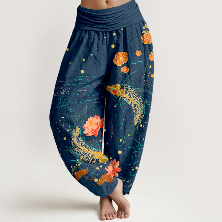Damskie spodnie haremowe z elastyczną talią i nadrukiem z motywem ryb koi i lotosu w kolorze Buddha Stones z czystej bawełny - Ciemnoniebieski - US16, UK/AU20, EU48 (3XL) - image 5