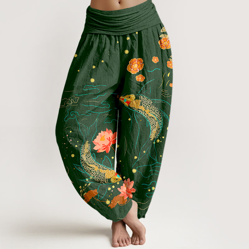 Damskie spodnie haremowe z elastyczną talią i nadrukiem z motywem ryb koi i lotosu w kolorze Buddha Stones z czystej bawełny - Ciemnozielony - US16, UK/AU20, EU48 (3XL) - image 8