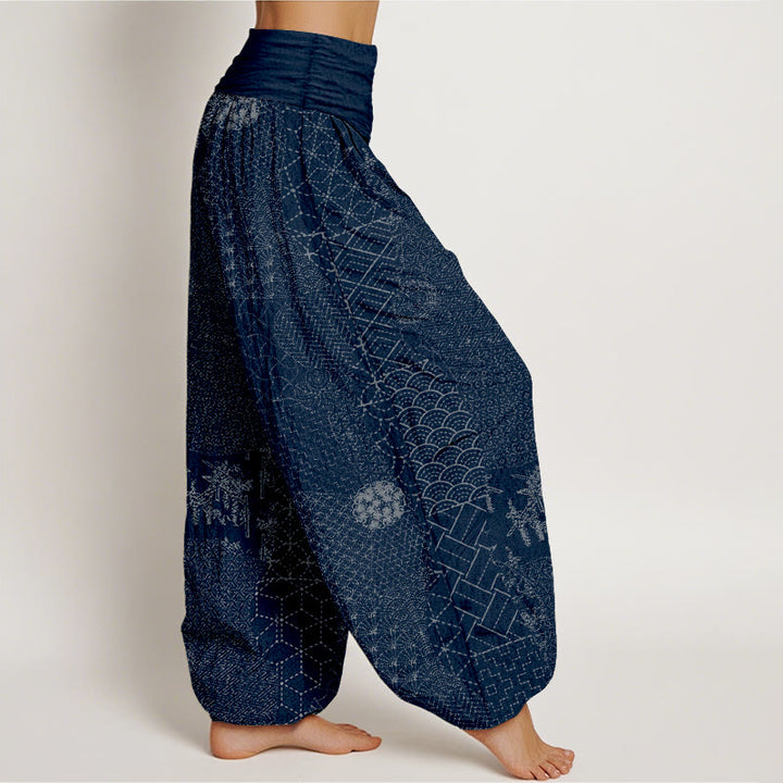 Damskie spodnie haremowe z elastyczną talią i geometrycznym wzorem z Buddha Stones, z czystej bawełny, z nadrukiem - image 1
