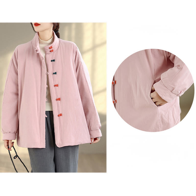 Kurtka zimowa damska z chińskimi żabami i guzikami, z długim rękawem i kieszeniami, z grubej bawełny, z Buddha Stones - image 11