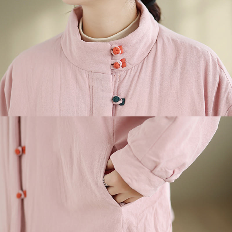 Kurtka zimowa damska z chińskimi żabami i guzikami, z długim rękawem i kieszeniami, z grubej bawełny, z Buddha Stones - image 6